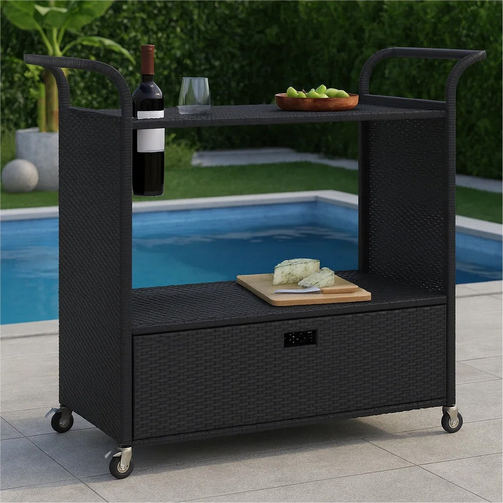 Ven Outdoor Serving Bar Cart | Black Rattan & Steel | Lockable Wheels