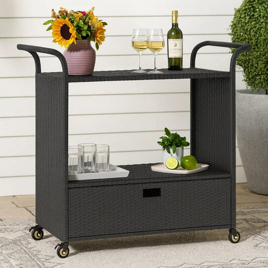 Ven Outdoor Serving Bar Cart | Black Rattan & Steel | Lockable Wheels