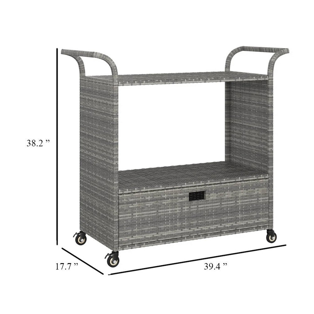 Ven Outdoor Serving Bar Cart | Gray Rattan & Steel | Lockable Wheels