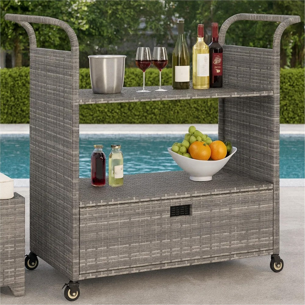 Ven Outdoor Serving Bar Cart | Gray Rattan & Steel | Lockable Wheels