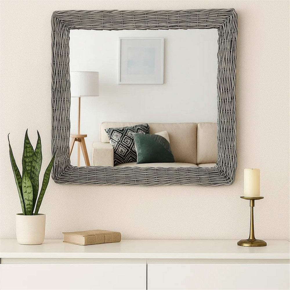 Wall Mounted Mirror | 20’’ Square Wicker Woven Frame in Beige BM339670