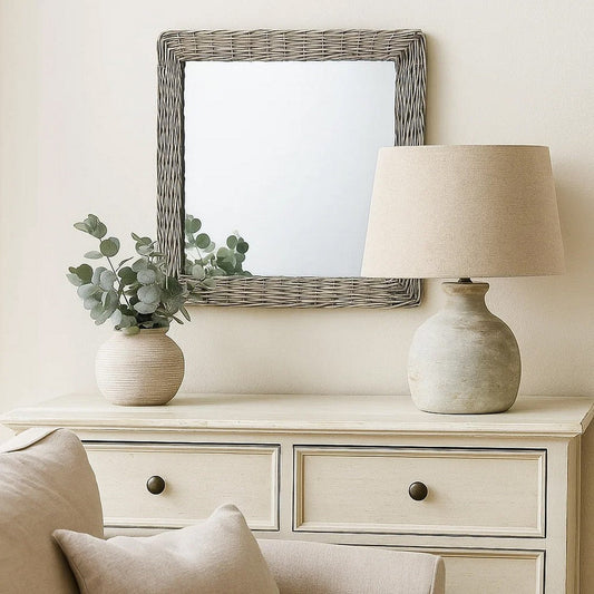 Wall Mounted Mirror | 20’’ Square Wicker Woven Frame in Beige BM339670