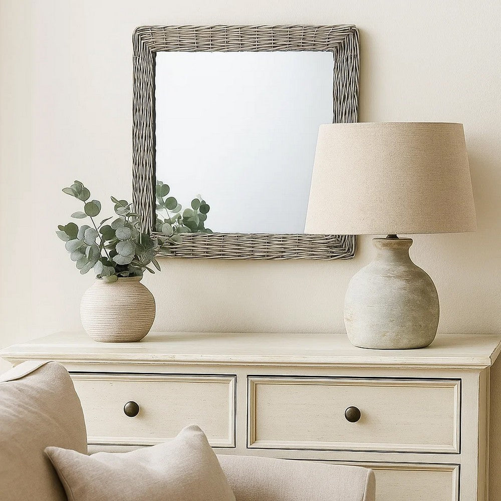 Wall Mounted Mirror | 20" Square Wicker Woven Frame in Beige