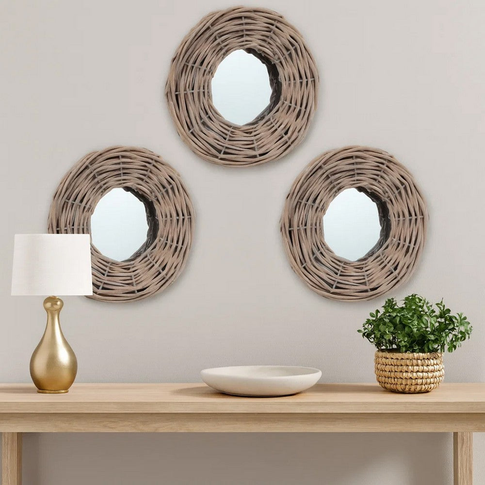 3pc Decorative Wall Mounted Mirror Set | Rattan Wicker Woven Frame in Beige BM339671