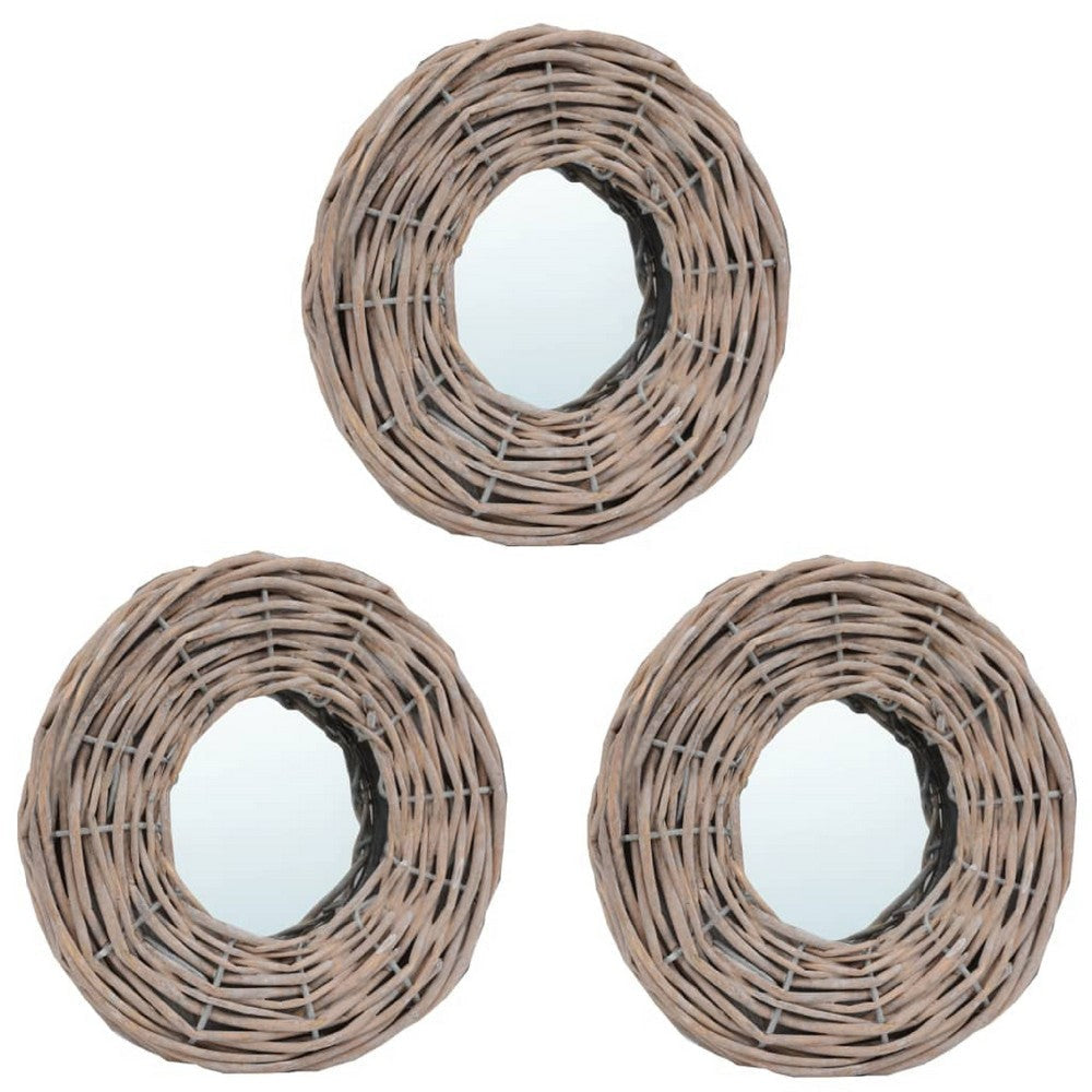 3pc Decorative Wall Mounted Mirror Set | Rattan Wicker Woven Frame in Beige