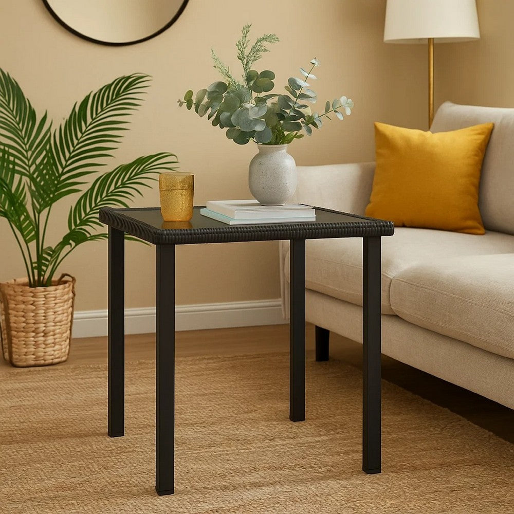 Gary Garden Dining Table | 28" Square Glass Top | Black Rattan