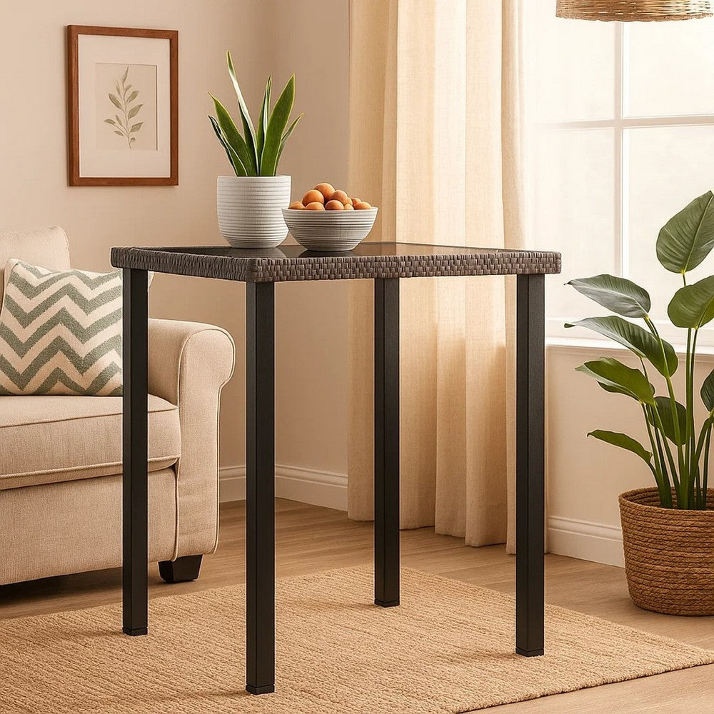 Gary Garden Dining Table | 28" Square Glass Top | Gray Rattan