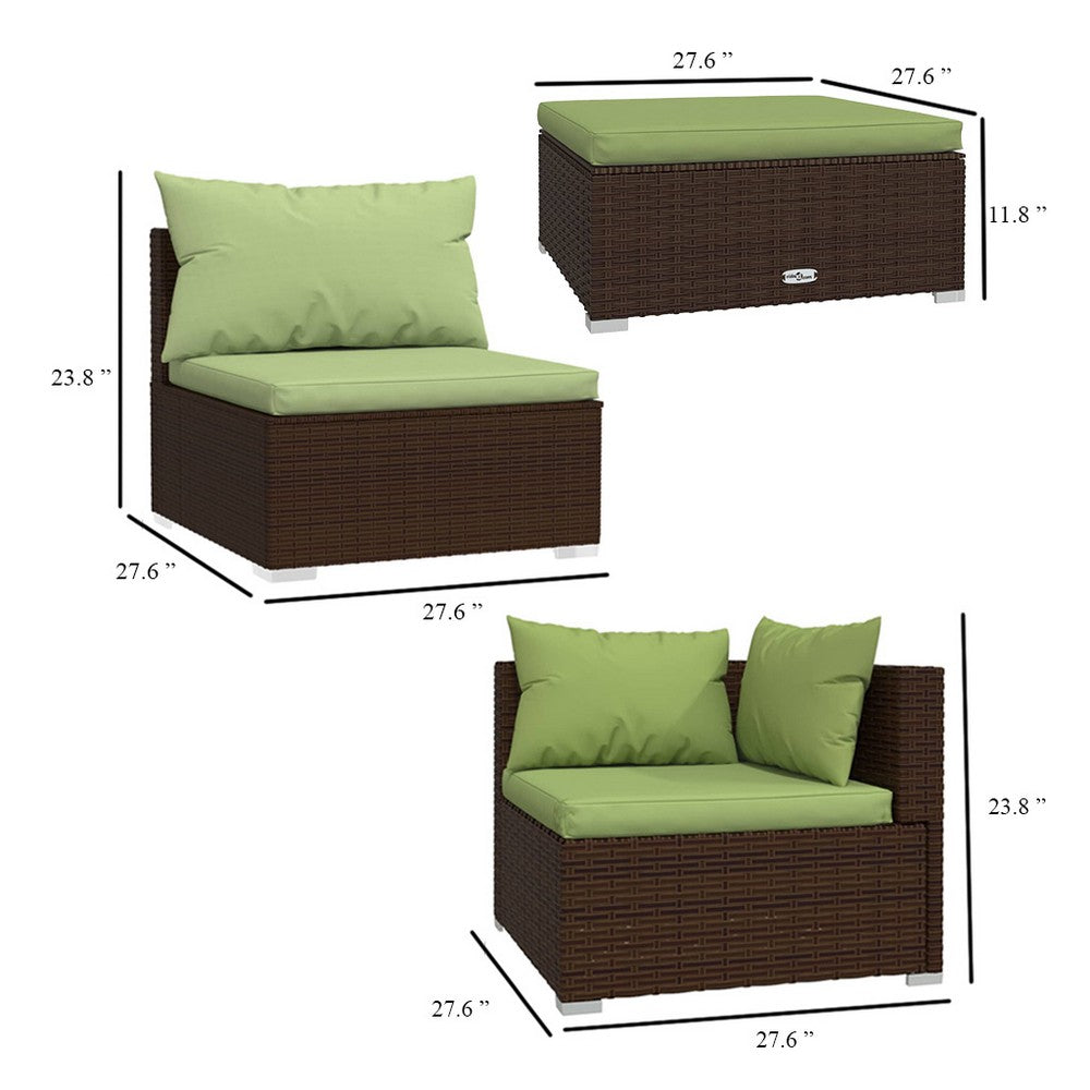 Sify 4pc Outdoor Lounge Sofa Set | 4 Pillows | Green Cushions | Brown Rattan