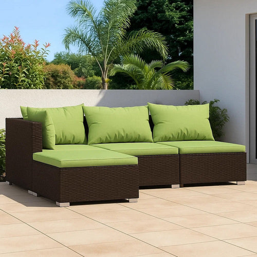 Sify 4pc Outdoor Lounge Sofa Set | 4 Pillows | Green Cushions | Brown Rattan BM339681