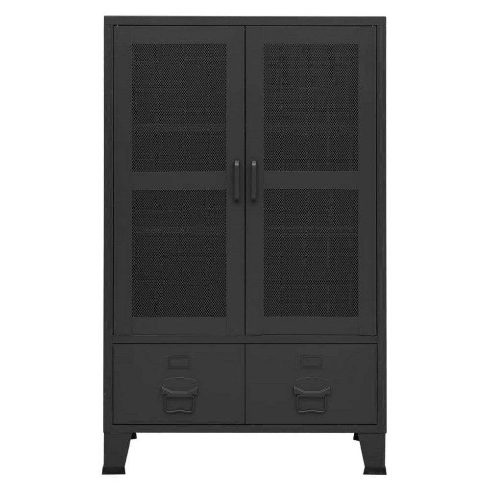 Coy Tall Storage Cabinet | 2 Drawers w 2 Mesh Front Doors | Metal Frame | Black BM339684