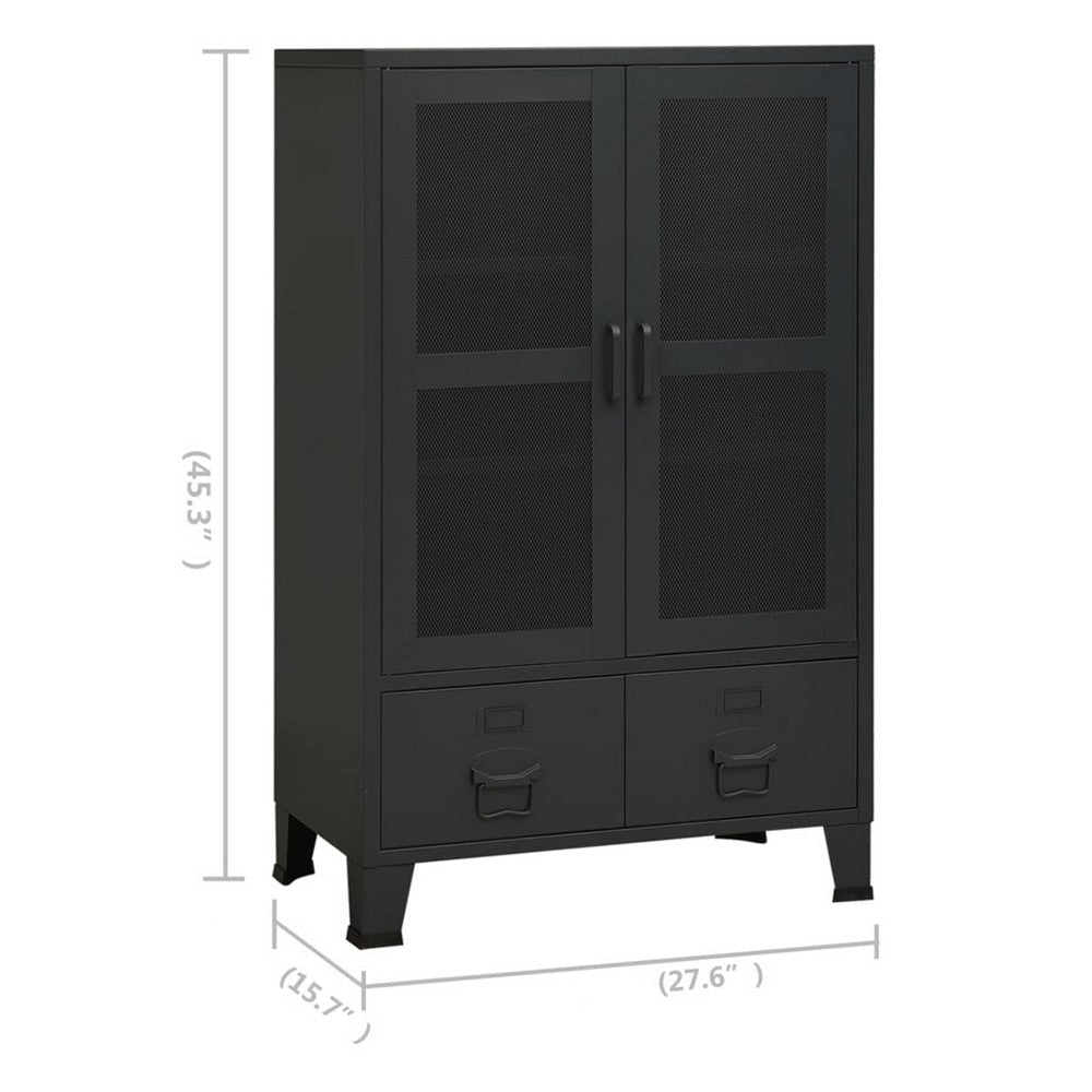 Coy Tall Storage Cabinet | 2 Drawers w 2 Mesh Front Doors | Metal Frame | Black BM339684