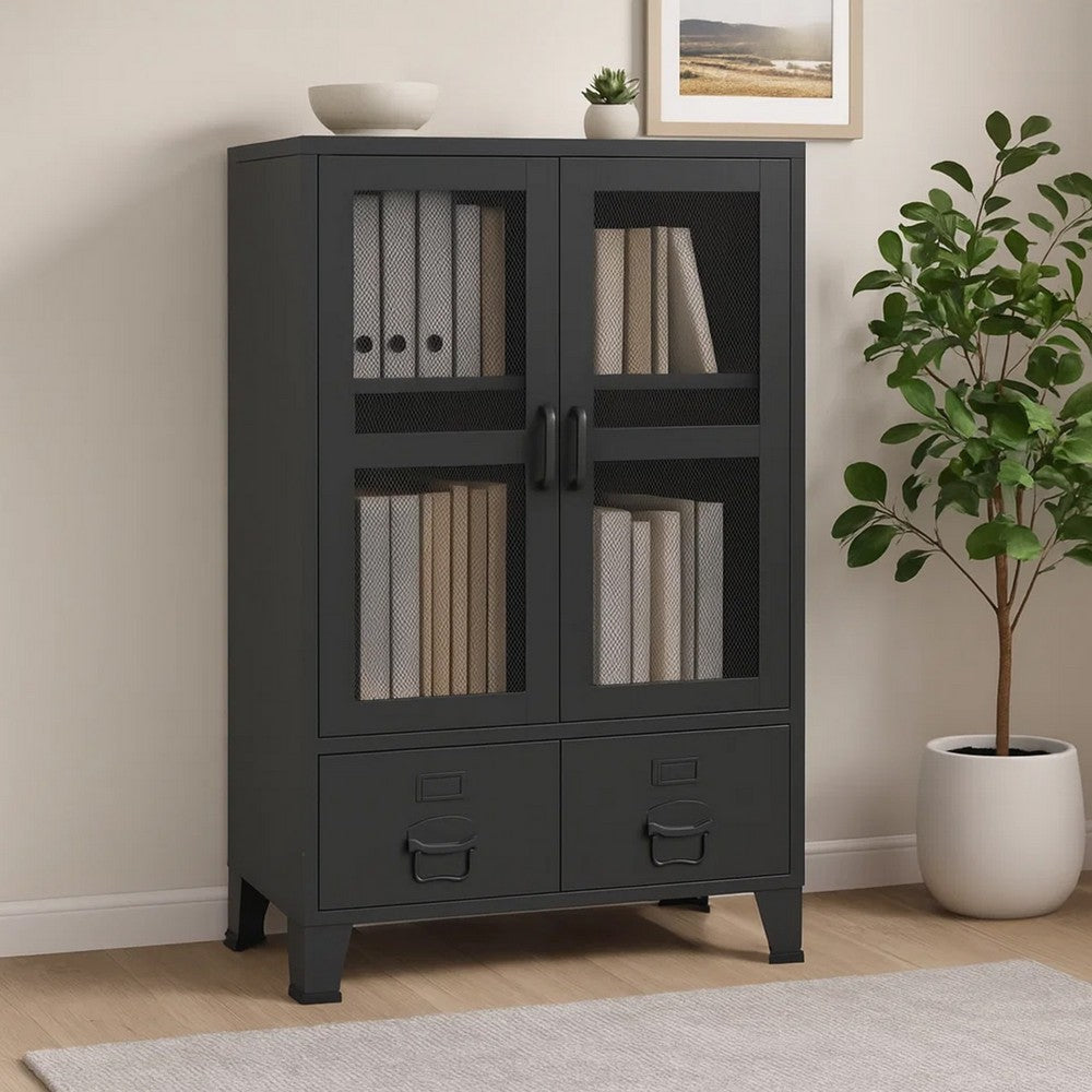 Coy Tall Storage Cabinet | 2 Drawers w 2 Mesh Front Doors | Metal Frame | Black BM339684