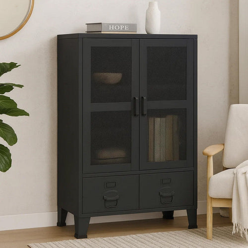 Coy Tall Storage Cabinet | 2 Drawers w 2 Mesh Front Doors | Metal Frame | Black BM339684