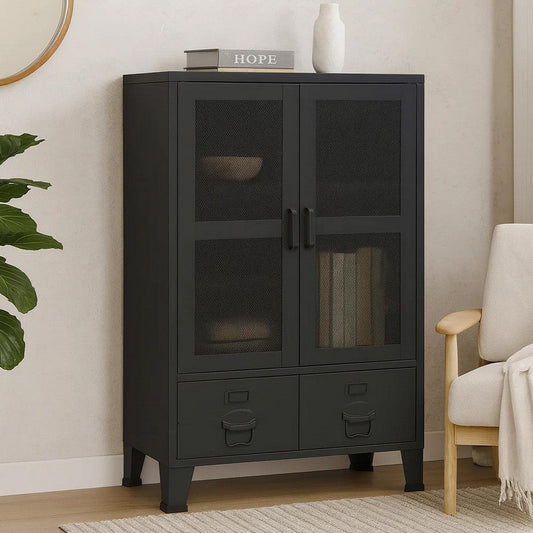 Coy Tall Storage Cabinet | 2 Drawers w 2 Mesh Front Doors | Metal Frame | Black BM339684