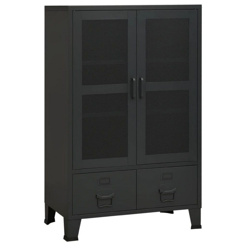 Coy Tall Storage Cabinet | 2 Drawers w 2 Mesh Front Doors | Metal Frame | Black