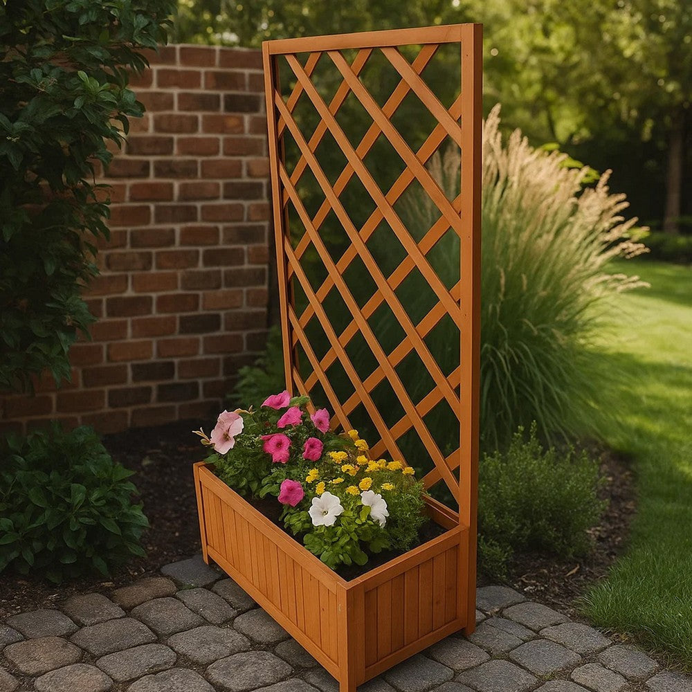 Biny Outdoor Garden Planter | Built In Trellis | Natural Brown Solid Wood BM339688