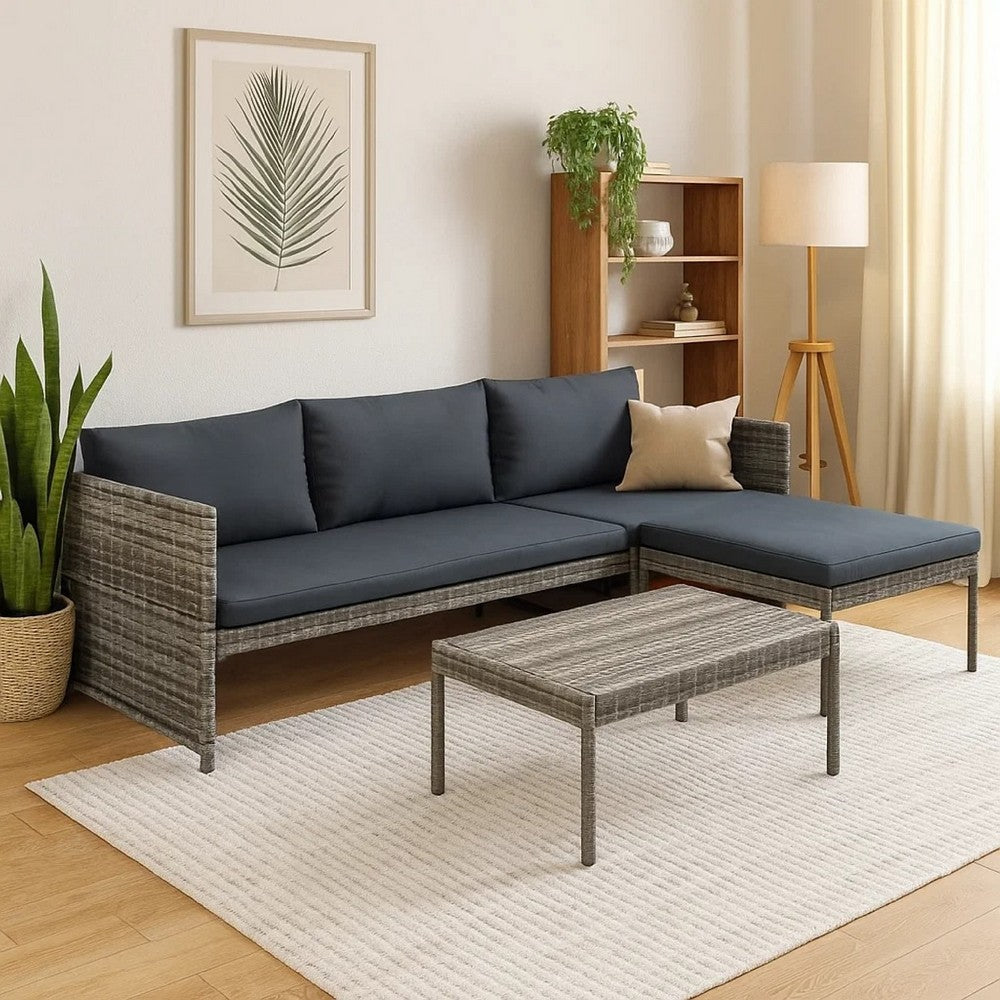 Leny 3pc Modular Garden Lounge Sofa Set w Table | Dark Gray Cushions
