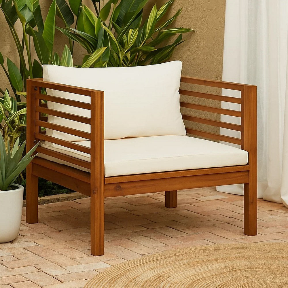Lex Outdoor Armchair | Cream White Seat & Back Cushion | Brown Acacia Wood BM339699