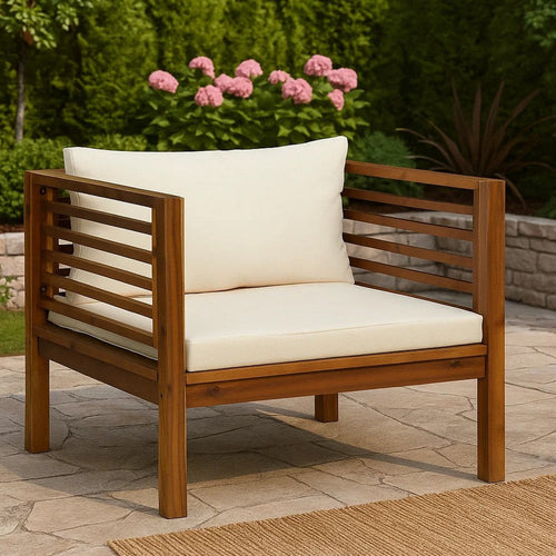 Lex Outdoor Armchair | Cream White Seat & Back Cushion | Brown Acacia Wood BM339699