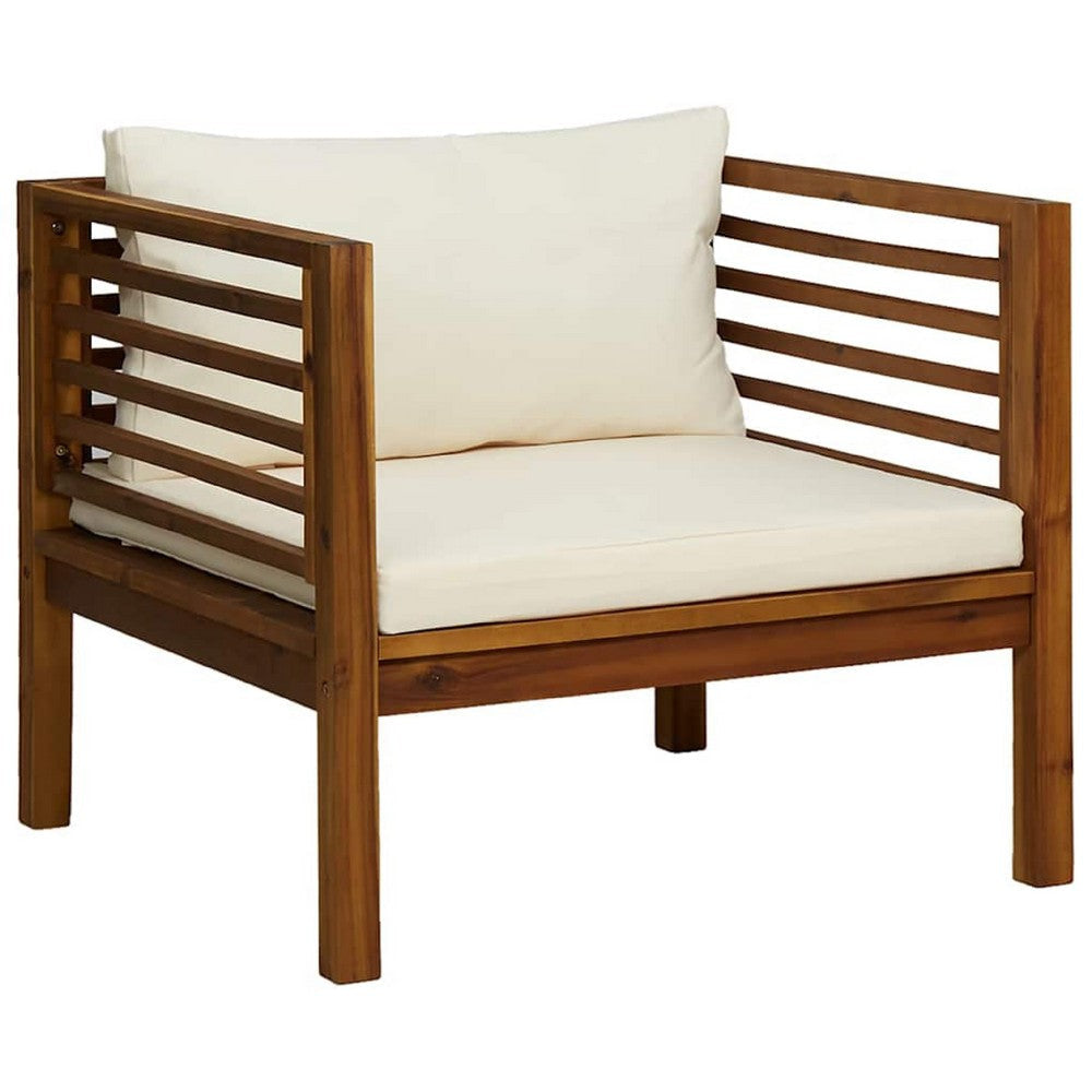Lex Outdoor Armchair | Cream White Seat & Back Cushion | Brown Acacia Wood