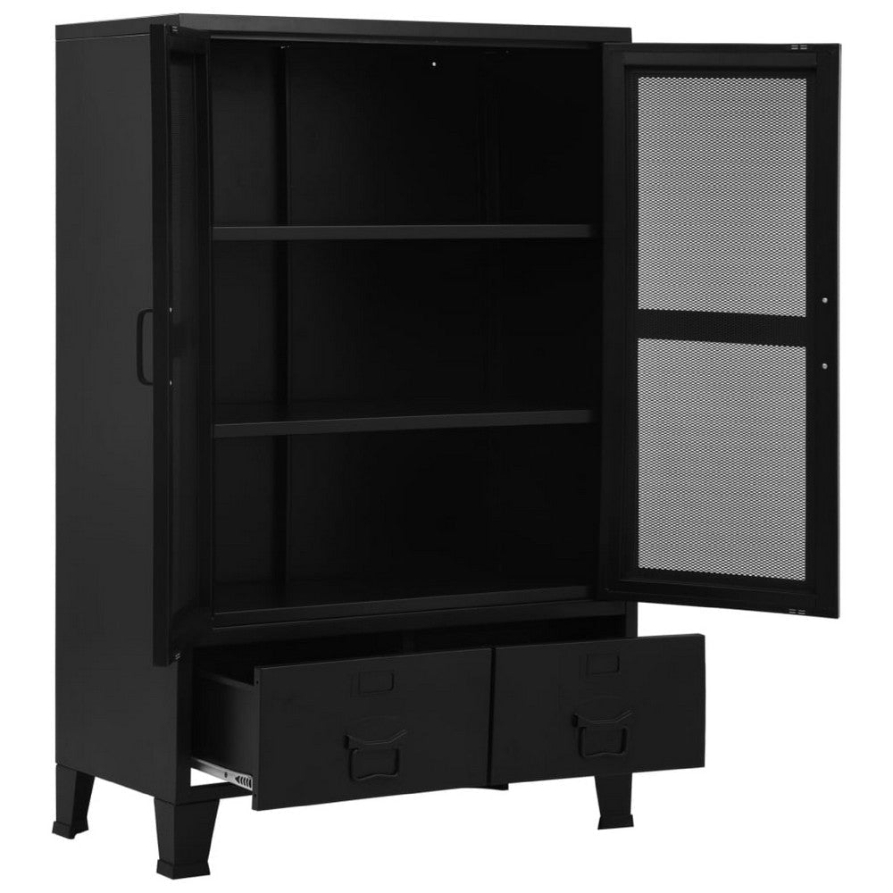 Miry Tall Office Cabinet | 2 Drawers w 2 Mesh Front Doors | Black Steel BM339701