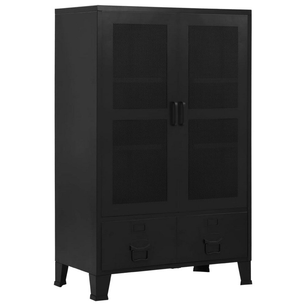 Miry Tall Office Cabinet | 2 Drawers w 2 Mesh Front Doors | Black Steel