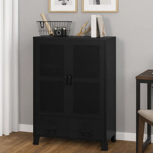 Miry Tall Office Cabinet | 2 Drawers w 2 Mesh Front Doors | Black Steel BM339701