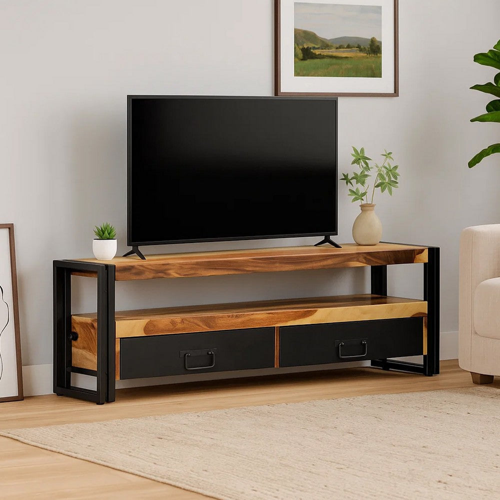 Kely TV Entertainment Media Cabinet | Brown Solid Sheesham Wood | Black Steel BM339703