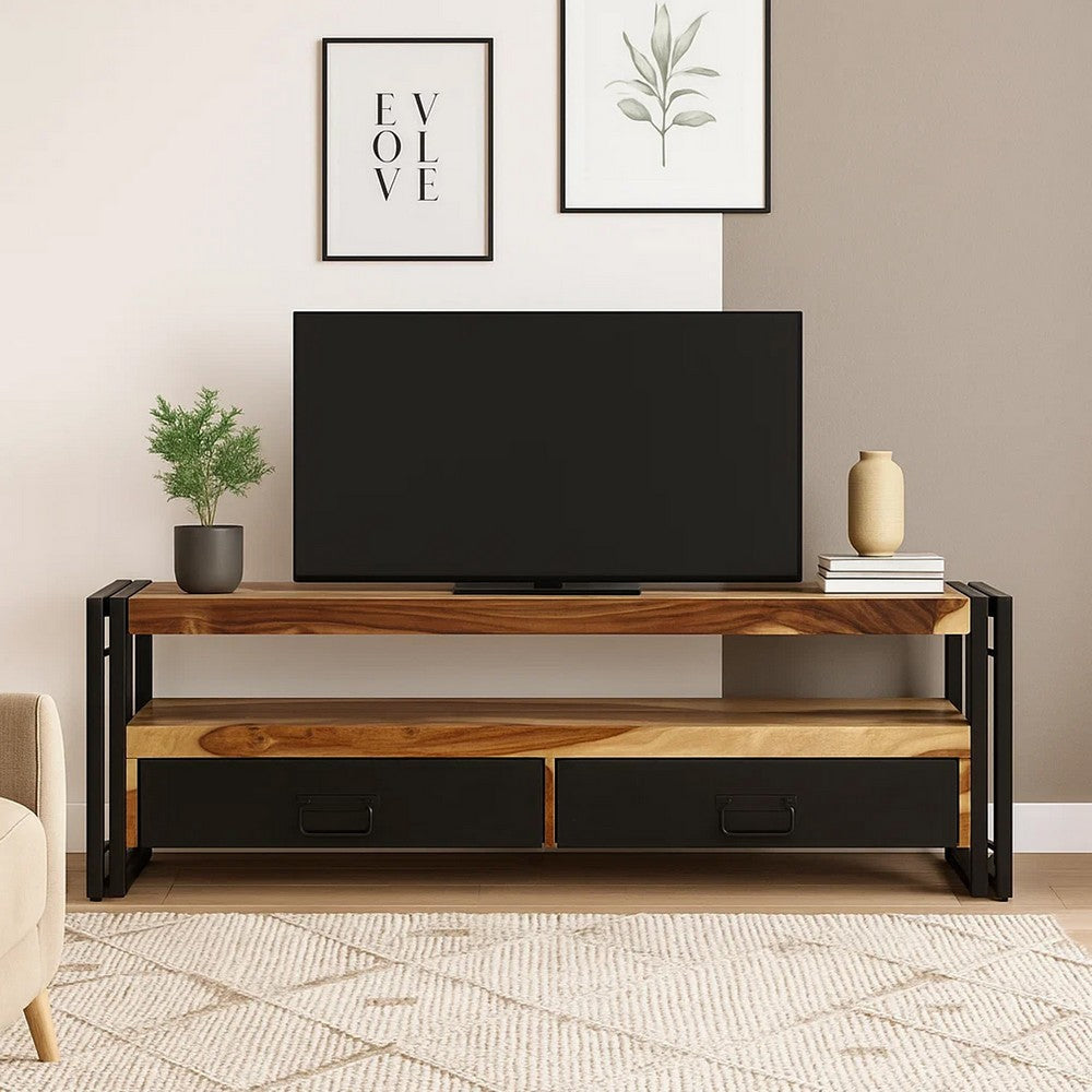 Kely TV Entertainment Media Cabinet | Brown Solid Sheesham Wood | Black Steel