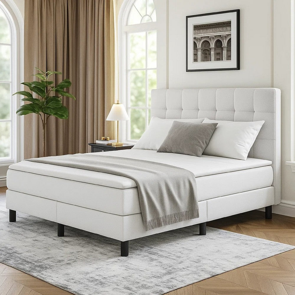 Yeri Full Size Bed Frame| White Faux Leather| Low Profile Legs