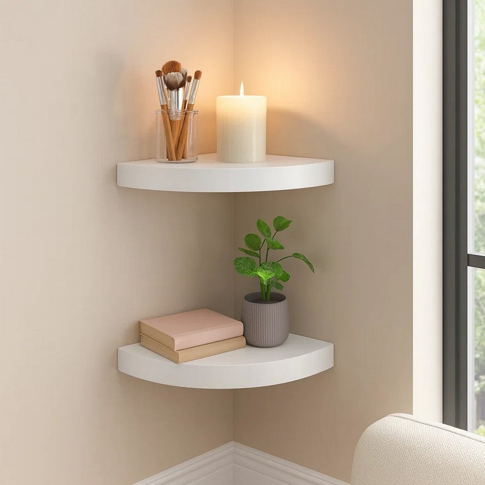 Phoebs Floating Corner Wall Shelf Set of 2 | White Honeycomb | Rounded 10’’ BM339721