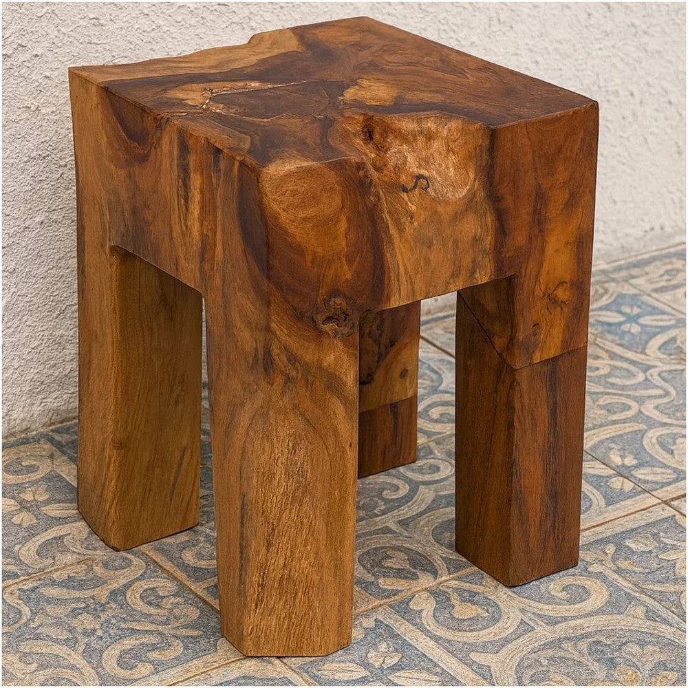 Dusty Outdoor Stool | Square Shaped Design | Brown Solid Teak Wood