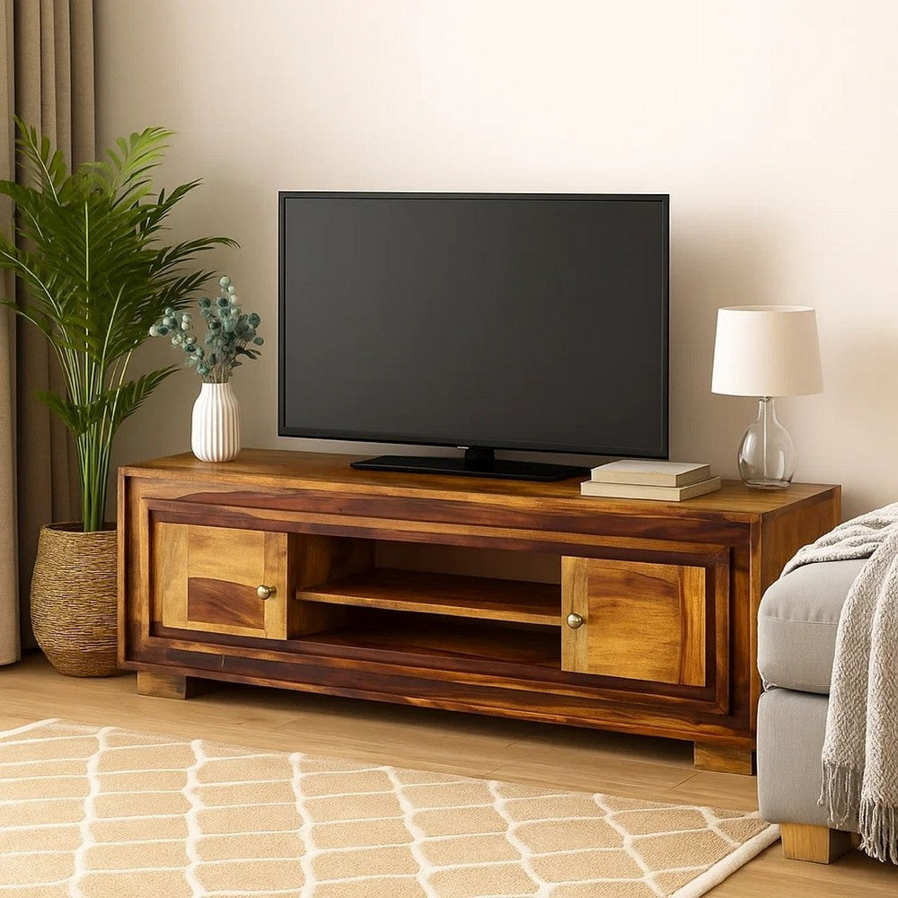 Fenny TV Stand Media Cabinet w 2 Doors | Brown Solid Wood | 24"
