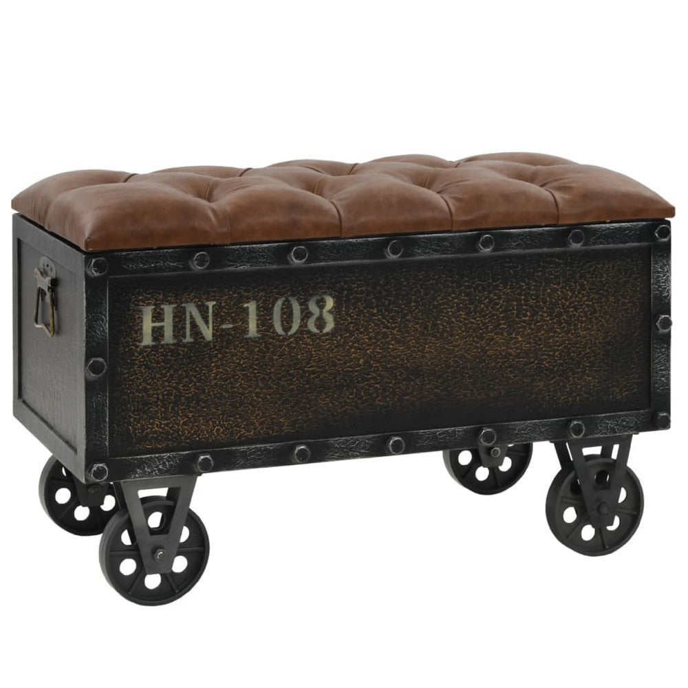 Harper Storage Bench | Wheels | 13" Trunk Style Brown Faux Leather