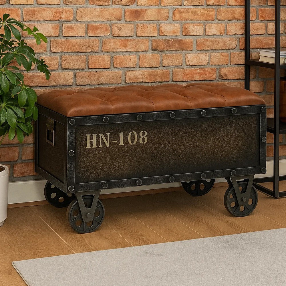 Harper Storage Bench | Wheels | 13’’ Trunk Style Brown Faux Leather BM339731