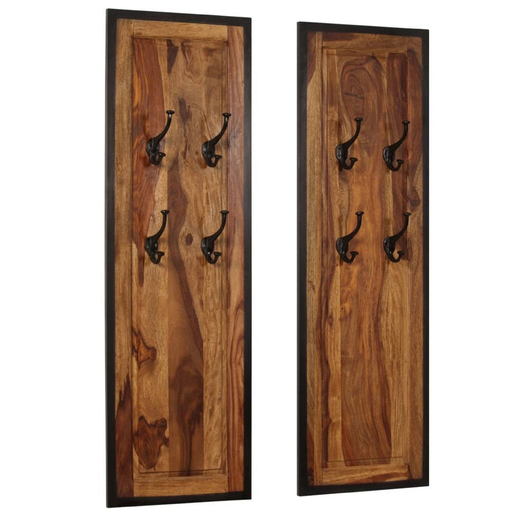 Dough Set of 2 Wall Mounted Coat Racks w 8 Hooks | Brown Sheesham Wood
