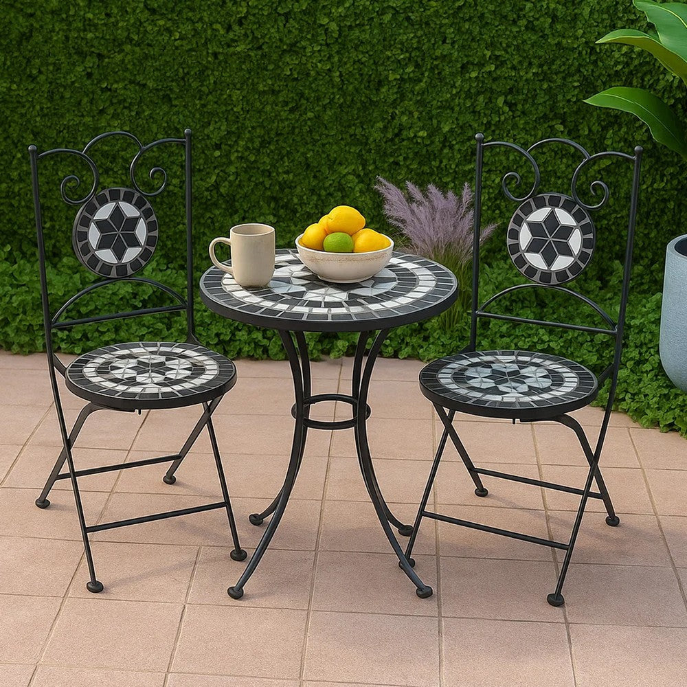 Azzy Outdoor Side Dining Chair Set of 2 | Steel Black White Geometric Ceramic BM339742