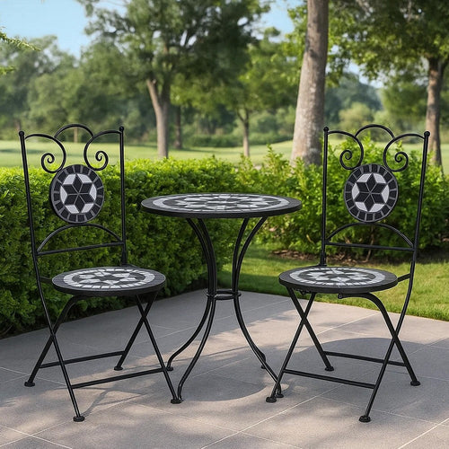 Azzy Outdoor Side Dining Chair Set of 2 | Steel Black White Geometric Ceramic BM339742