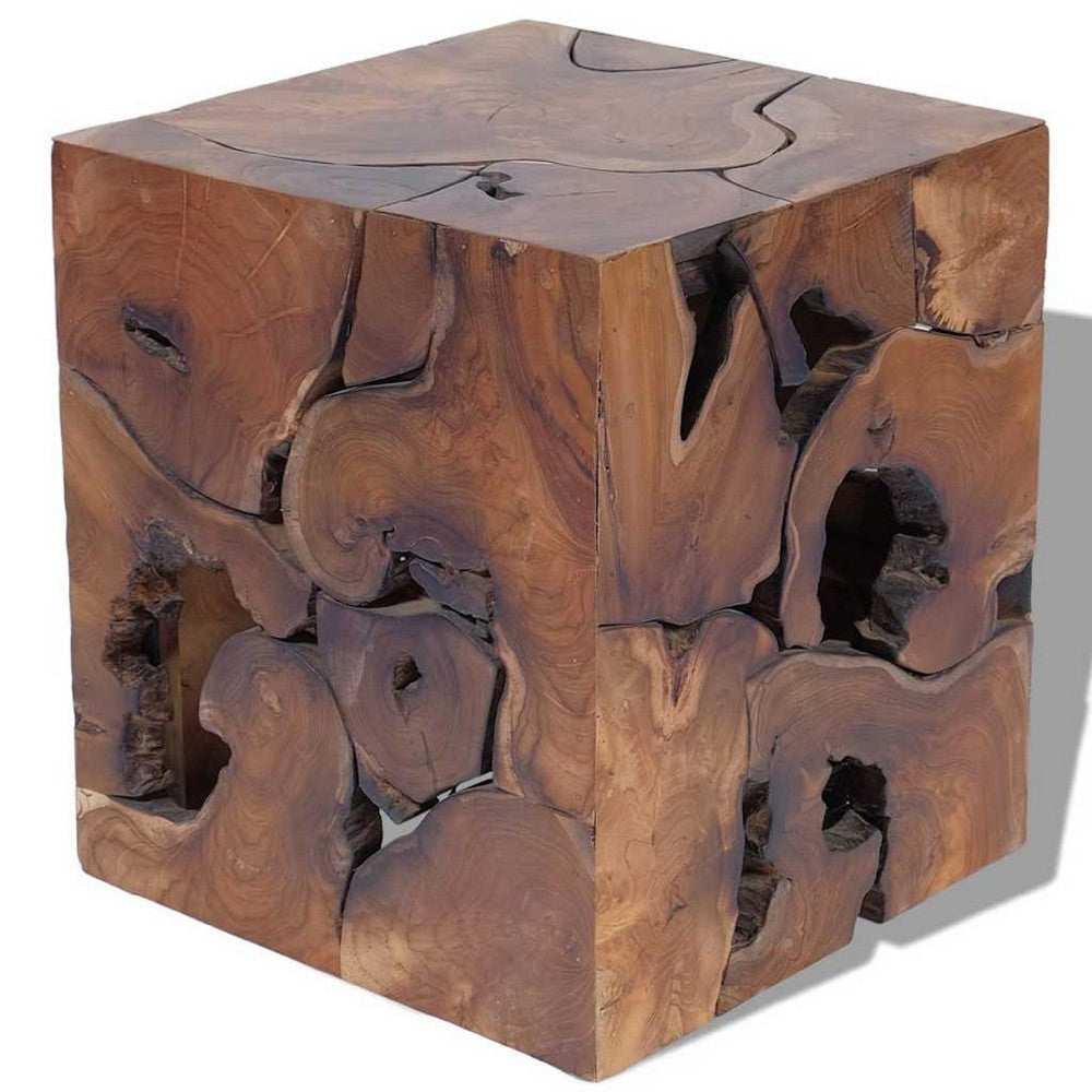 Anuv Square Side Table Stool w Grained Details | Brown Solid Teak Wood BM339746