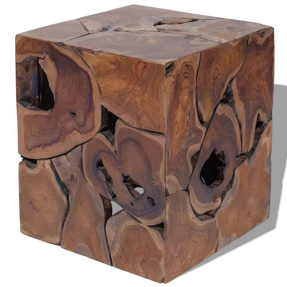 Anuv Square Side Table Stool w Grained Details | Brown Solid Teak Wood BM339746
