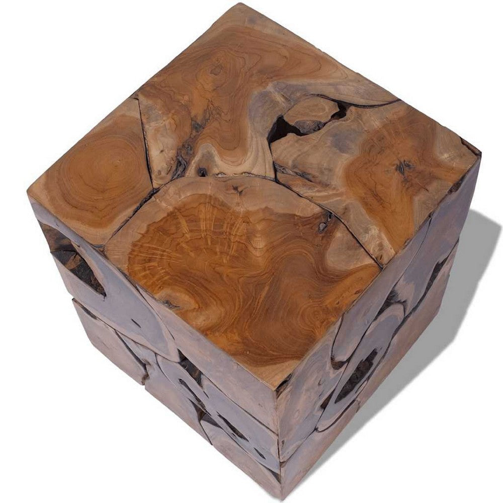 Anuv Square Side Table Stool w Grained Details | Brown Solid Teak Wood BM339746