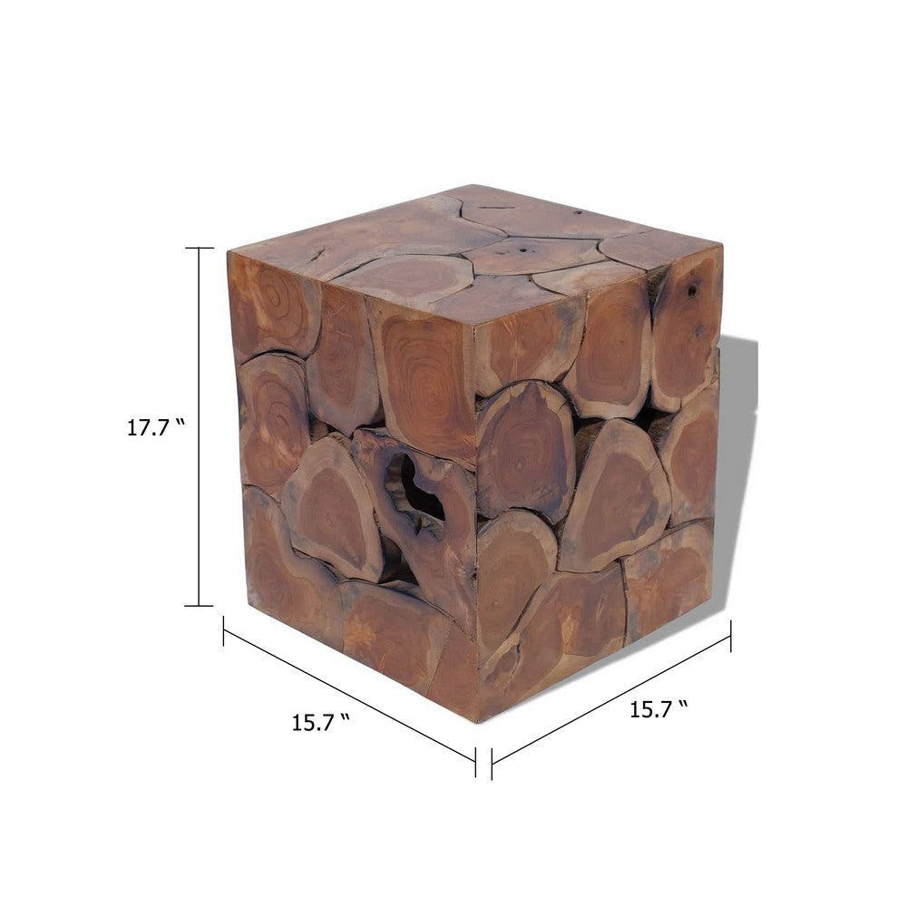 Anuv Square Side Table Stool w Grained Details | Brown Solid Teak Wood BM339746