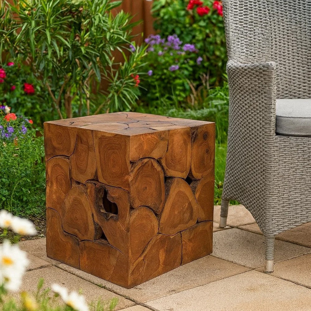 Anuv Square Side Table Stool w Grained Details | Brown Solid Teak Wood BM339746