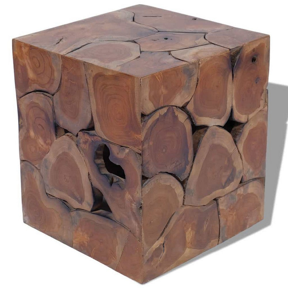 Anuv Square Side Table Stool w Grained Details | Brown Solid Teak Wood