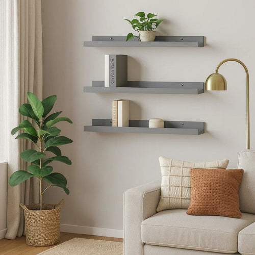Suzzy Wall Mounting Shelves Set of 4 | Floating Design | Gray Wood | 16"