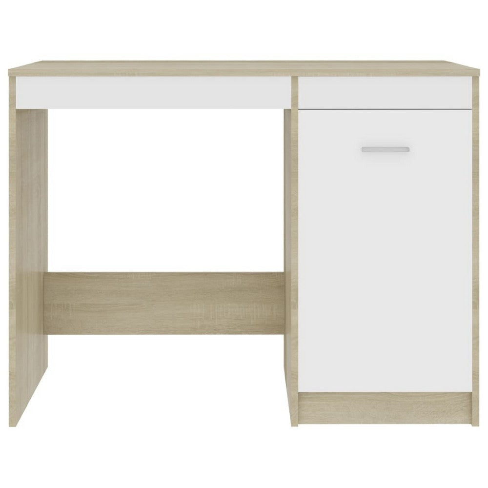 Ami Office Desk with Cabinet | White and Oak Beige Wood | Chrome Handle BM339753
