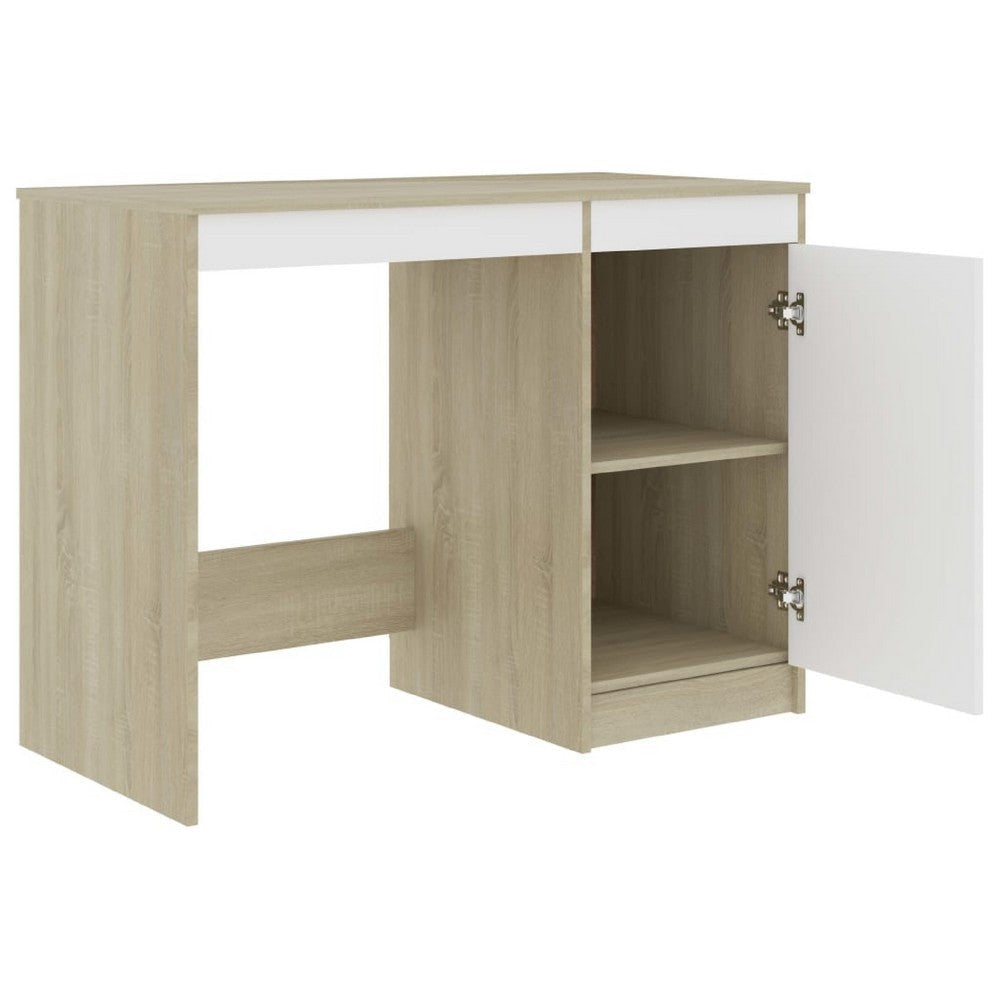 Ami Office Desk with Cabinet | White and Oak Beige Wood | Chrome Handle BM339753