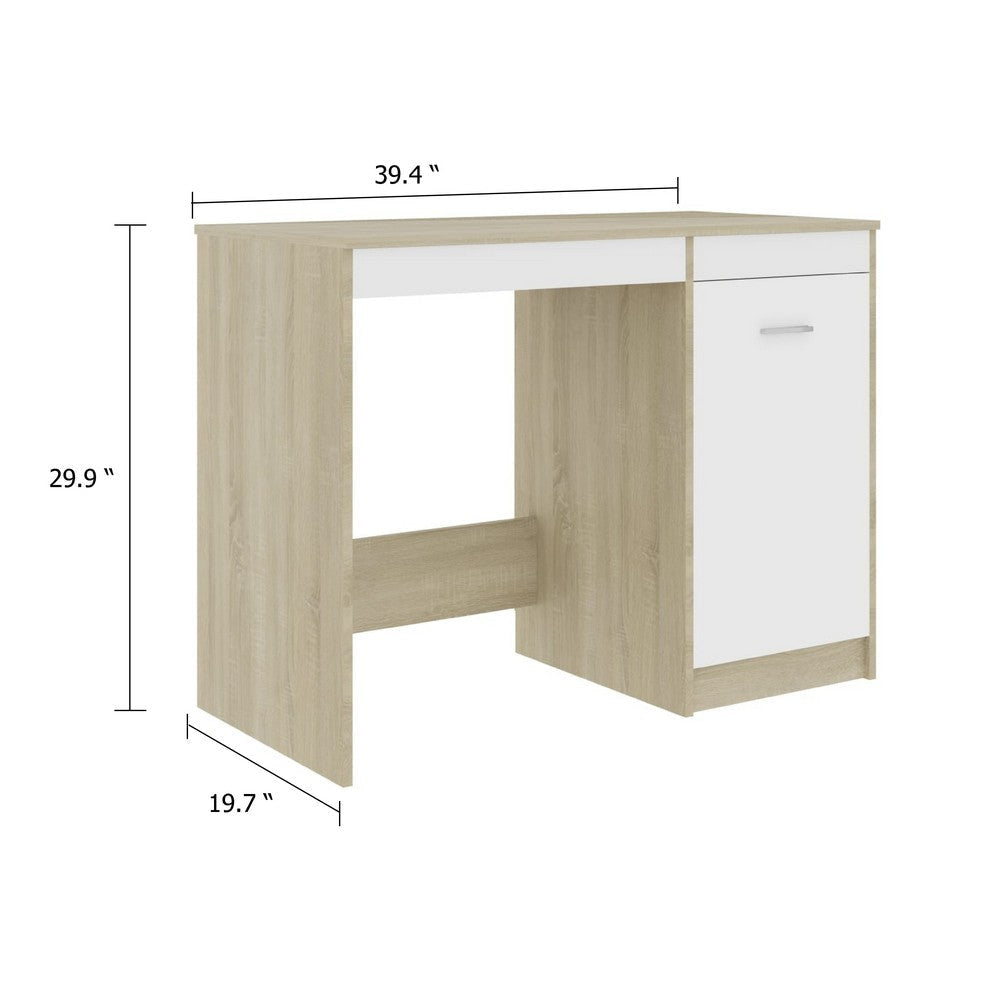 Ami Office Desk with Cabinet | White and Oak Beige Wood | Chrome Handle BM339753