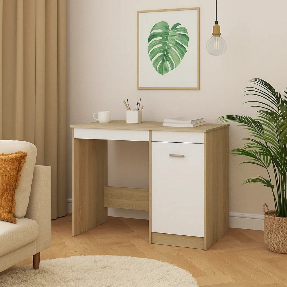 Ami Office Desk with Cabinet | White and Oak Beige Wood | Chrome Handle