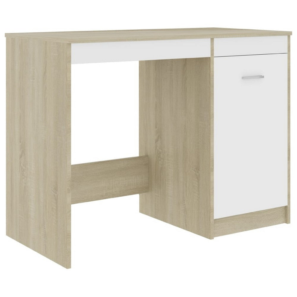 Ami Office Desk with Cabinet | White and Oak Beige Wood | Chrome Handle